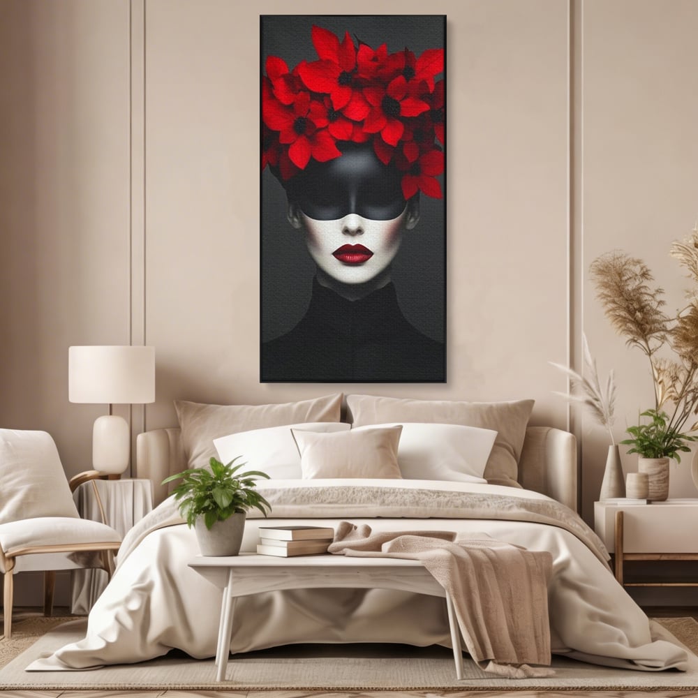 Tablou canvas cu tablou canvas cu femeie mascata si flori rosii, in rama de aluminiu negru, pe perete intr-un dormitor